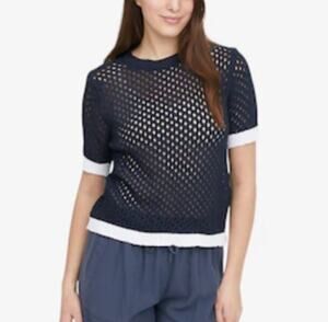 Astrid Margo Open Knit Crewneck Short Sleeve Top Navy Contrast Trim Small